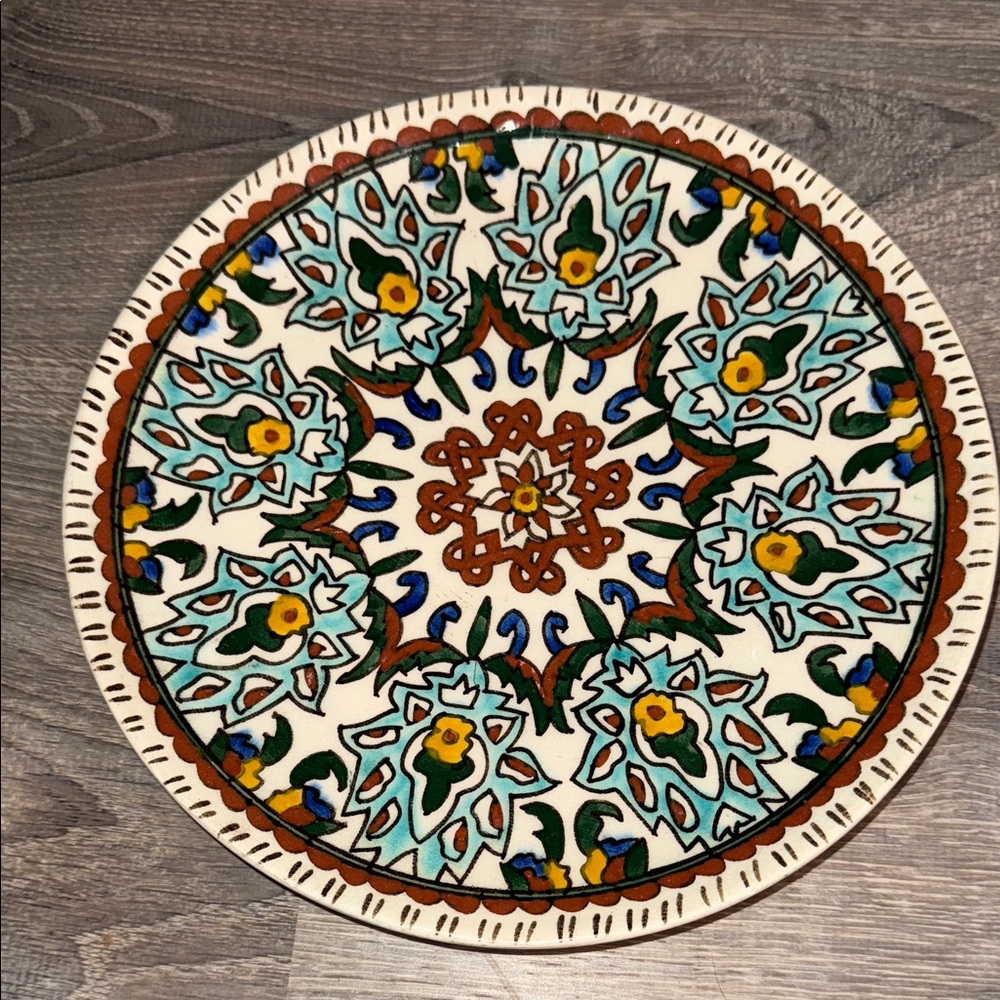 Vintage Turkish Kutahya Pottery Plate Wall Art -  Floral Scrolls Stamped